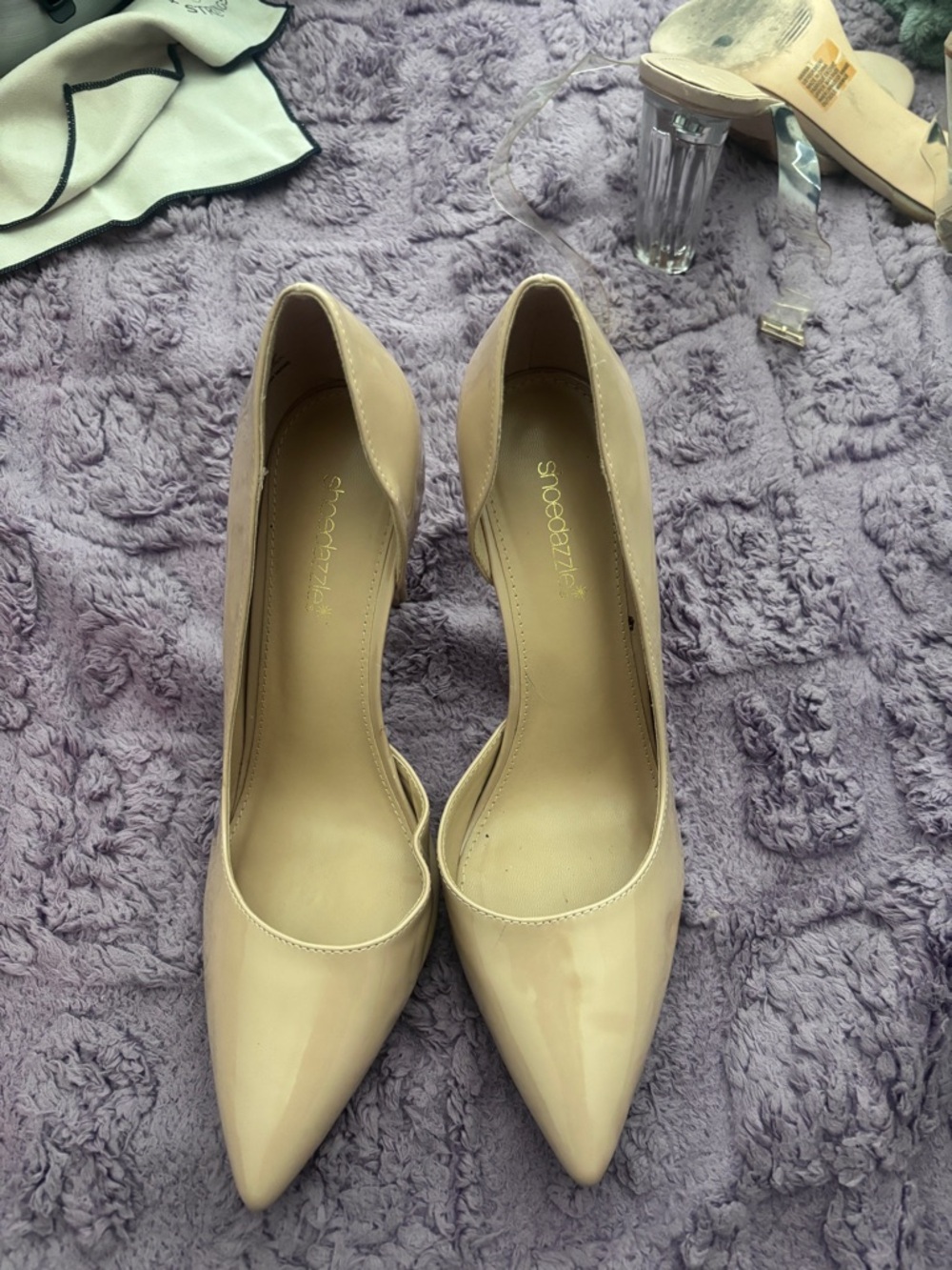 Shoe Dazzle Beige Patent Pointed-Toe Pumps